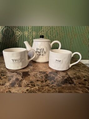 White Ceramic Teapot and Mug Set - 'You' and 'Me' Cups